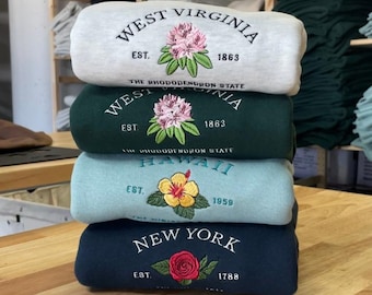 Custom State Flower geborduurd sweatshirt, West Virginia, Hawaii, New York Vintage bloemen hoodie cadeau