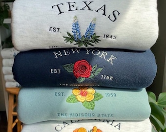 Custom State Flower Embroidered Sweatshirt, Vintage Floral Hoodie, Texas, New York, Hawaii State Crewneck Gift