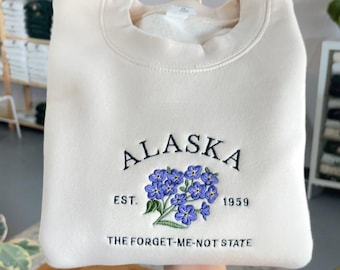 Alaska Embroidered Sweatshirt, Forget Me Not State Flower Crewneck, Alaska State Floral Hoodie, Vintage Alaska Sweatshirt