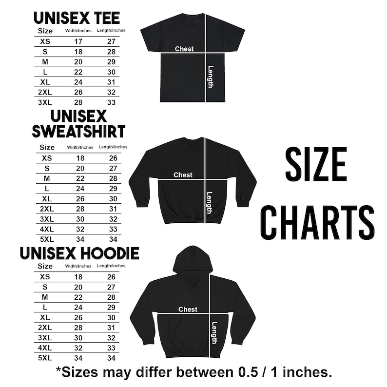 May include: Size charts for a unisex tee, sweatshirt, and hoodie, displaying measurements in inches for sizes XS to 5XL. Each garment type includes a diagram with lines indicating chest width and length, with a note that sizes may differ by 0.5 to 1 inch.