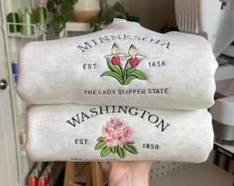 Custom State Flower geborduurd sweatshirt, Washington, Colorado, Minnesota Vintage hoodie met bloemenprint