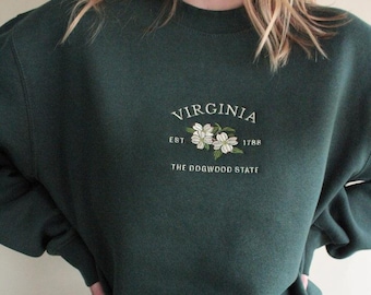 Geborduurd sweatshirt Virginia, kornoelje staat bloemen ronde hals, vintage Virginia hoodie, staat bloemencadeau