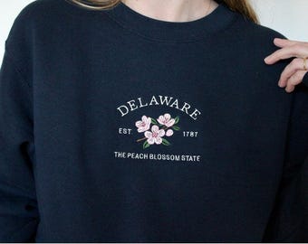 Delaware Embroidered Sweatshirt, Peach Blossom State Flower Crewneck, Vintage Delaware Floral Hoodie