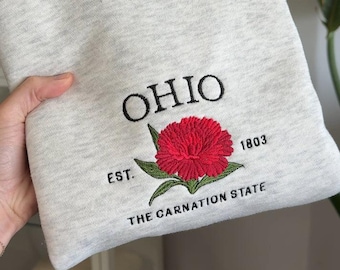 Geborduurd sweatshirt Ohio, bloemen ronde hals anjer, vintage Ohio hoodie, staatsbloem cadeau
