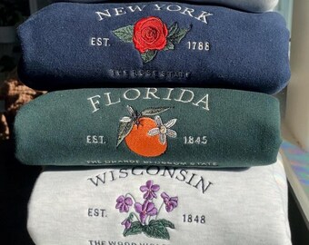 Custom State Flower geborduurd sweatshirt, New York, Florida, Wisconsin vintage hoodie met bloemenprint