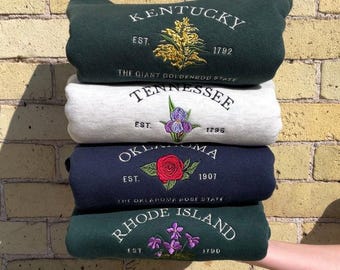 Custom State Flower geborduurd sweatshirt, Kentucky, Tennessee, Oklahoma, Rhode Island Vintage hoodie met bloemenprint, cadeau