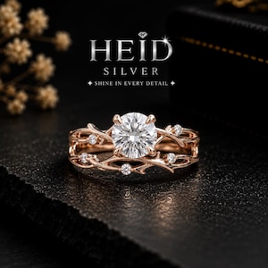 Moissanite Engagement Ring Set, 14K Rose Gold Twig Branch Bridal Set