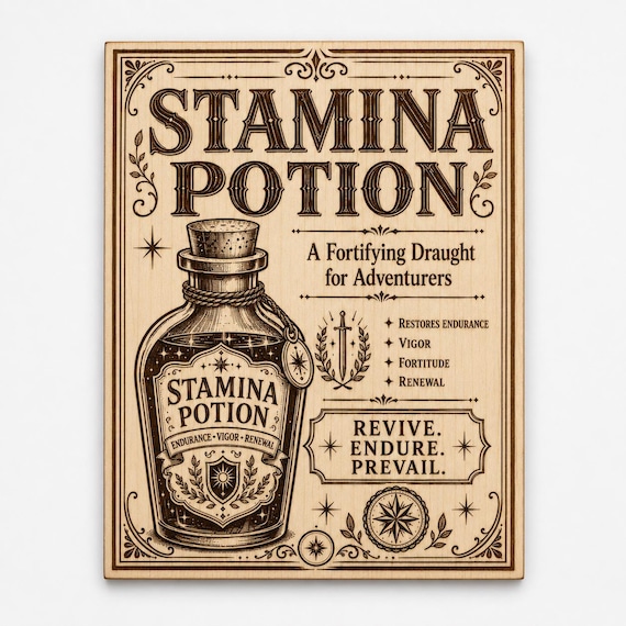 Stamina Potion Wood Sign, Fantasy Apothecary Wall Art, Birch Game Room Decor