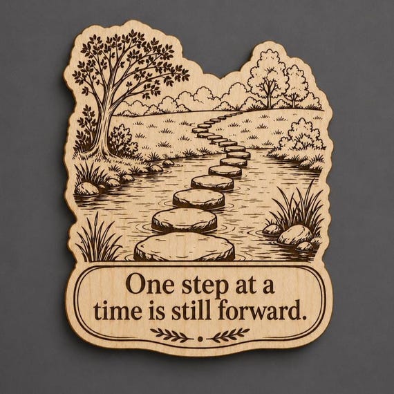 One Step at a Time Wood Plaque, Inspirational Stream Stepping Stones Wall Art, Encouraging Birch Desk Sign