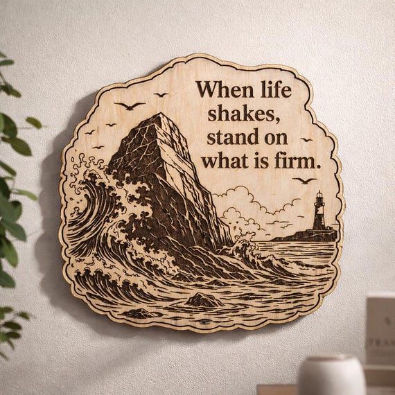 Rock and Waves Wood Plaque, Stand Firm Quote Sign, Inspirational Birch Wall Art, product view 2