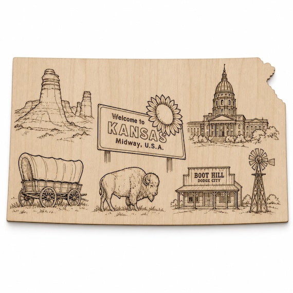 Engraved Birch Kansas State Wood Art, Welcome Sign, Sunflower, Bison, Wagon Decor