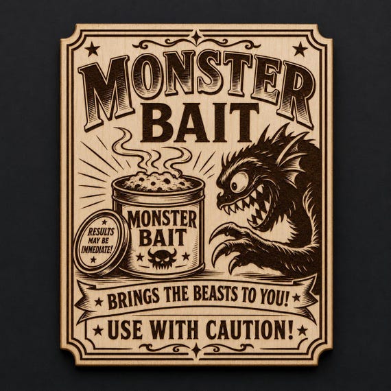 Monster Bait Birch Wood Sign, Vintage Creature Wall Decor