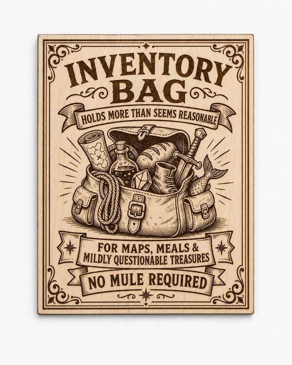Fantasy Inventory Bag Birch Wall Art, Engraved Adventure Gear Sign