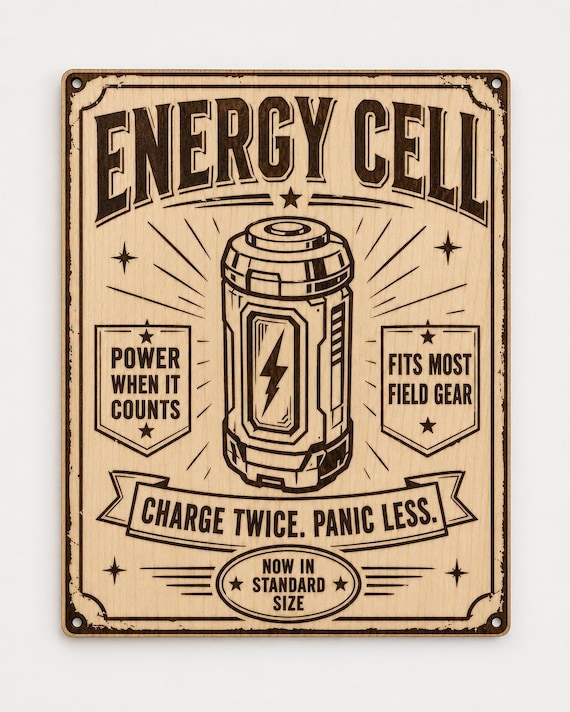 Energy Cell Retro Sci Fi Birch Wood Engraved Wall Art