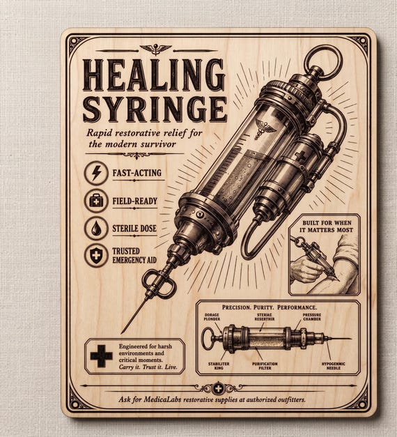 Vintage Healing Syringe Wood Sign, Retro Survival Game Inspired Medical Ad Wall Art, Birch Gamer Decor with Stand