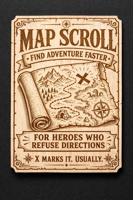 Fantasy Map Scroll Wood Sign, Adventure Wall Decor, Gamer Room Desk Art, Engraved Birch Quest Plaque
