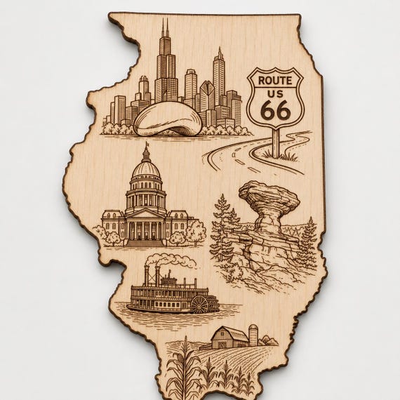 Illinois Route 66 Wood Wall Art, Birch State Plaque, Chicago Skyline Engraved Sign, Illinois Gift