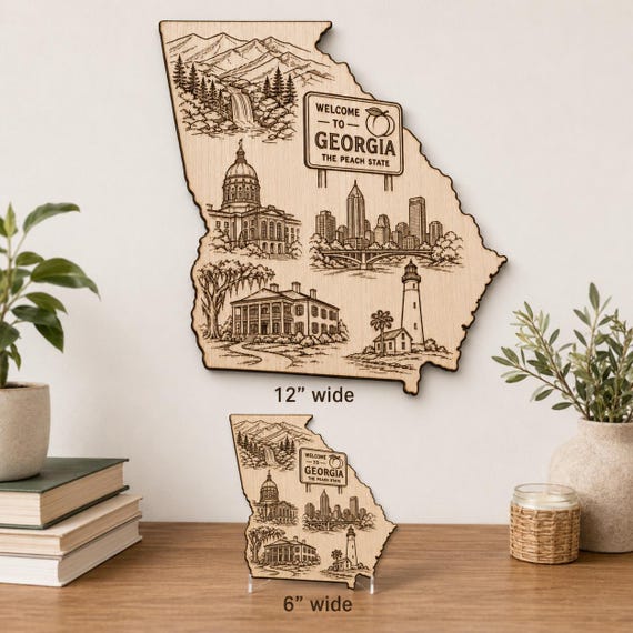 Engraved Birch Wood Georgia State Wall Art, Peach State Outline Plaque, Southern Home Decor, product view 2