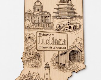 Indiana Wood muurkunst, gegraveerd staatsbord, decor Crossroads of America