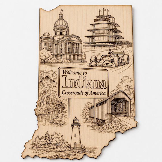 Indiana Wood Wall Art, Engraved State Landmark Sign, Crossroads of America Decor