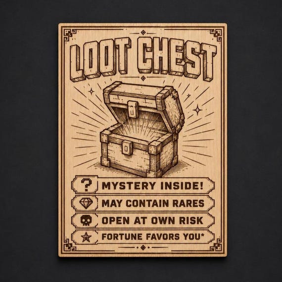 Loot Chest Birch Wood Engraved Wall Art, Fantasy Gaming Treasure Sign