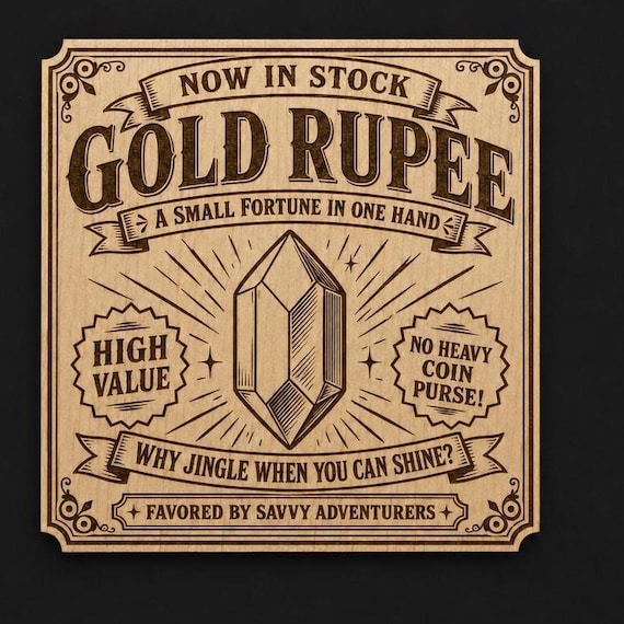 Gold Rupee Engraved Birch Wood Gamer Style Wall Decor Sign