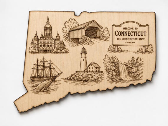 Engraved Birch Connecticut State Sign, Constitution State Landmarks Wall Art
