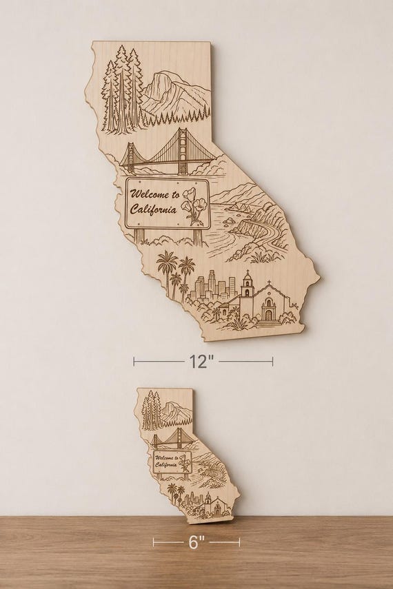 Engraved Birch California State Wood Art, Golden State Scenic Decor Sign, product view 2
