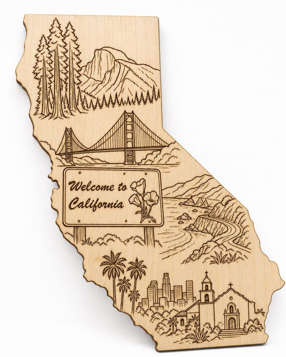 Engraved Birch California State Wood Art, Golden State Scenic Decor Sign