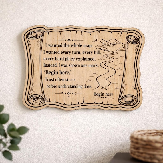Begin Here Birch Plaque, Inspirational Map Wall Art, product view 2