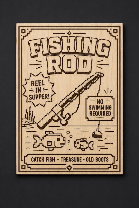 Retro Fishing Rod Wood Sign, Pixel Fishing Wall Art, Gamer Fishing Decor, Funny Angler Gift