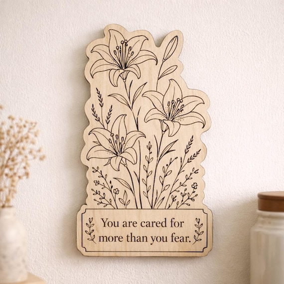 Lily Wood Plaque, You Are Cared For Quote Sign, Floral Birch Wall Art With Desk Stand, product view 2