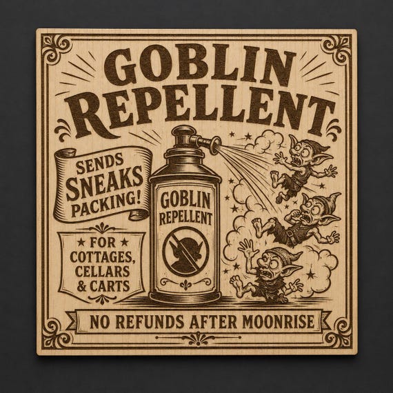 Goblin Repellent Birch Wood Sign, Fantasy Cottage Wall Decor