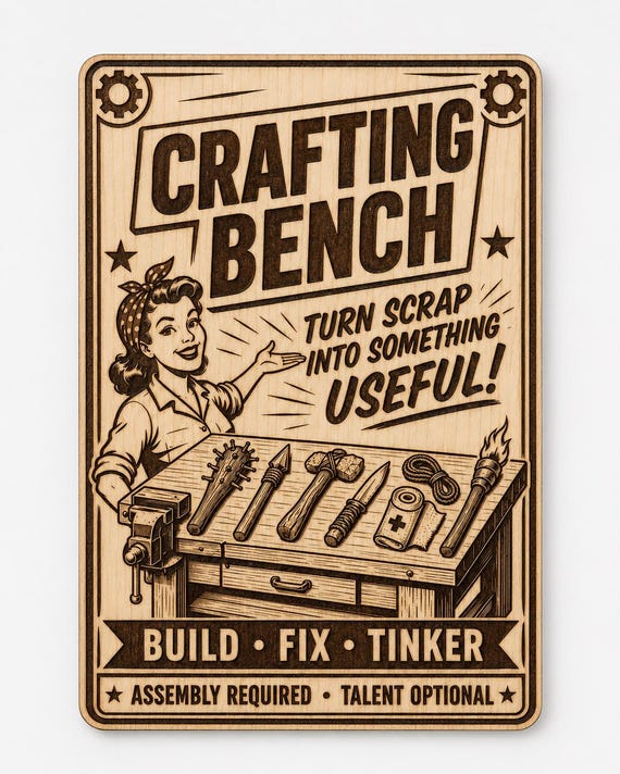 Crafting Bench Birch Workshop Sign, Retro Maker Wall Decor