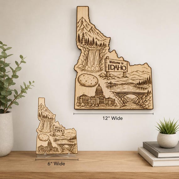 Engraved Idaho State Wood Art, Rustic Birch Wall Plaque, Mountain Waterfall Decor, product view 2