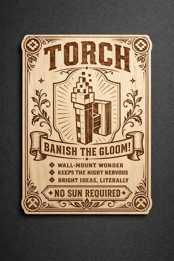 Pixel Torch Wood Sign, Retro Game Room Wall Art, Birch Engraved Gamer Decor with Desk Stand, 6 9 12 Inch