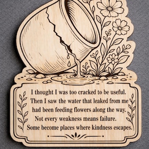 May include: A light-colored wooden plaque featuring a laser-engraved illustration of a cracked water jug leaking water onto flowers. The text reads: I thought I was too cracked to be useful. Then I saw the water that leaked from me had been feeding flowers along the way. Not every weakness means failure. Some become places where kindness escapes.