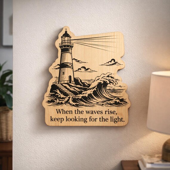 Inspirational Ocean Wave Wall Art, Keep Looking for the Light Birch Desk Sign, product view 2