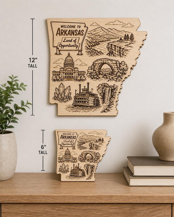 Arkansas State Outline Wood Art, Engraved Landmark Decor, product view 2
