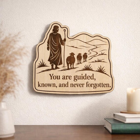 Shepherd Wood Plaque, Guided and Known Quote Sign, Inspirational Birch Wall Art With Sheep, product view 2