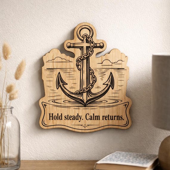Anchor Wood Plaque, Hold Steady Quote Sign, Nautical Birch Wall Art With Calm Water Scene, product view 2