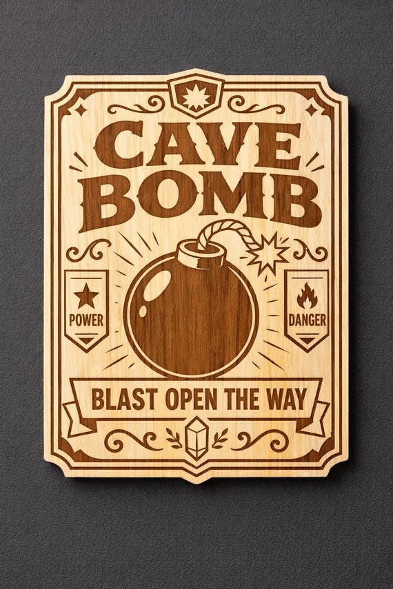 Cave Bomb Engraved Birch Sign, Retro Gamer Wall Decor, Fantasy Adventure Room Art, Shelf or Wall Display