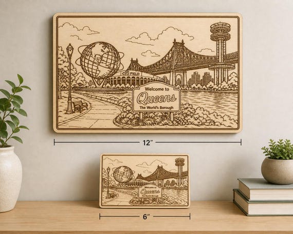 Queens NYC Skyline Art, Engraved Wooden Unisphere Citi Field Bridge Scene, New York Decor, product view 2