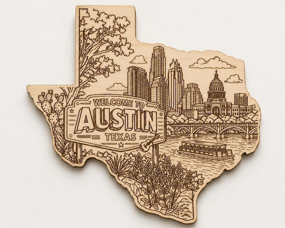 Austin Texas Skyline Engraved Wood Sign, Texas State Wall Art, Rustic Decor