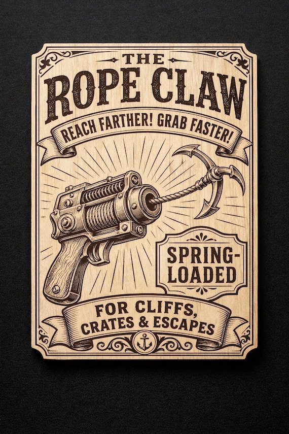 Vintage Rope Claw Sign, Fantasy Adventure Wall Decor, Engraved Birch Gamer Room Art with Stand