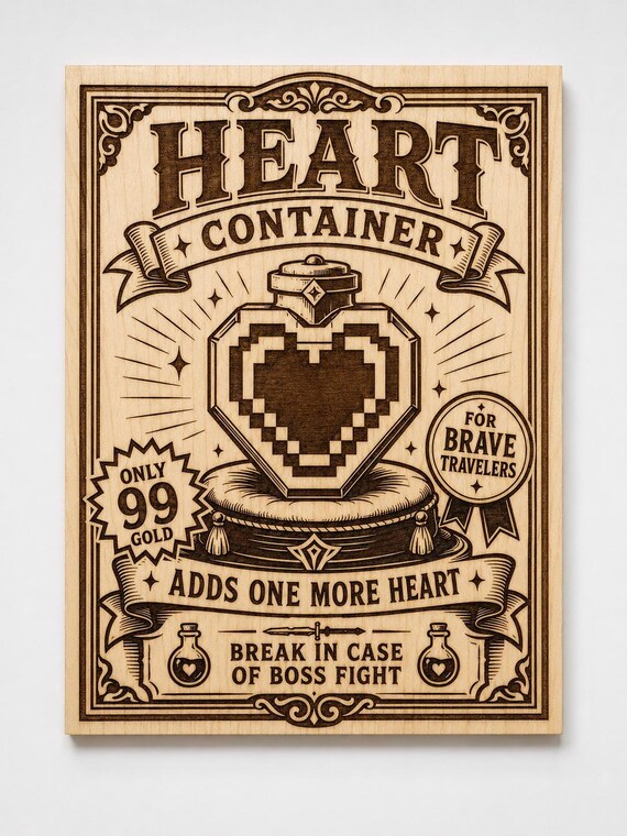 Heart Container Wood Wall Art, Retro Game Inspired Engraved Birch Plaque