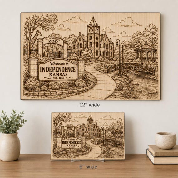 Independence Kansas Engraved Birch Wood Sign, Riverside Park Zoo Landmark Wall Art, product view 2
