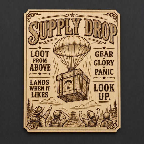 Supply Drop Wood Engraved Gamer Wall Art, Birch Loot Crate Poster Sign