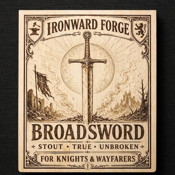 Fantasy Broadsword Wall Art, Medieval Sword Engraved Birch Sign, Knight Decor With Stand