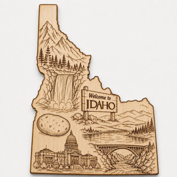 Engraved Idaho State Wood Art, Rustic Birch Wall Plaque, Mountain Waterfall Decor